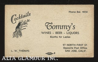 Item #106418 [BUSINESS CARD] Tommy's Cocktails - Wines - Beer - Liquors - Booths For Ladies