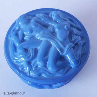 Item #46599 BLUE GLASS BOX AND LID WITH NUDE FEMALE FIGURES; GALLERY010