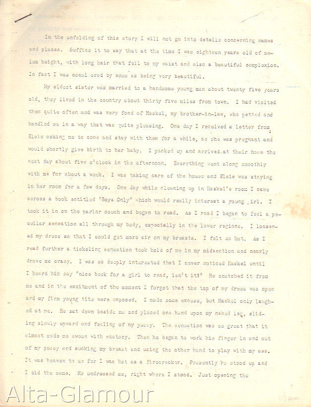 Item #67068 UNTITLED EROTIC TYPESCRIPT ["To the unfolding of this story I will nt go into details concerning names and places." erotic mimeo / typescripts.