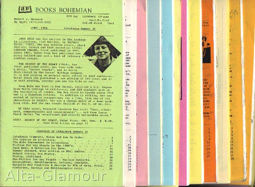 Item #76699 BOOKS BOHEMIAN - SET OF BOOKSELLER CATALOGUES; Broken run of Nos. 1-58 [50 catalogues; lacking Nos. 32, 34, 38-41, 46, 54]. Robert J. Manners, compiler.