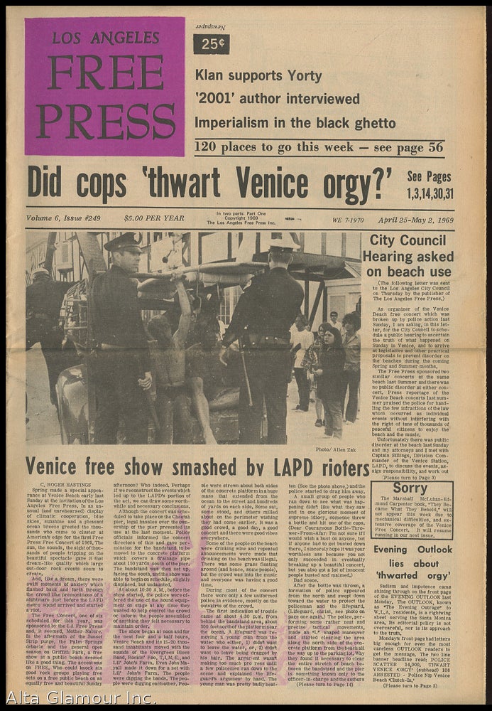 Item #85598 LOS ANGELES FREE PRESS; Did Cops 'Thwart Venice Orgy?' [Headline]. Arthur Kunkin.
