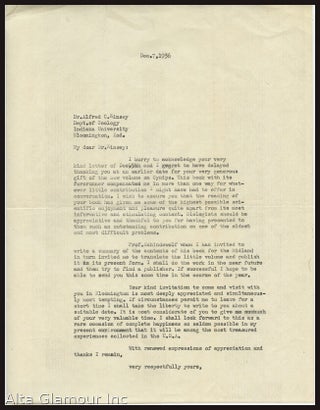 TYPED LETTER SIGNED FROM ALFRED KINSEY TO DR. THEODOR JUST OF THE UNIVERSITY OF NOTRE DAME, INDIANA